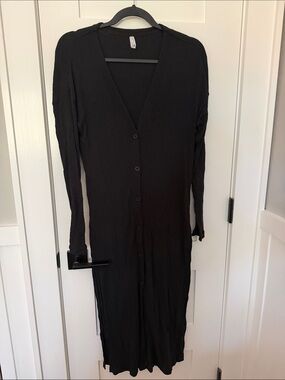 Z Supply Black Long Sleeve Button-Front Ribbed Dress